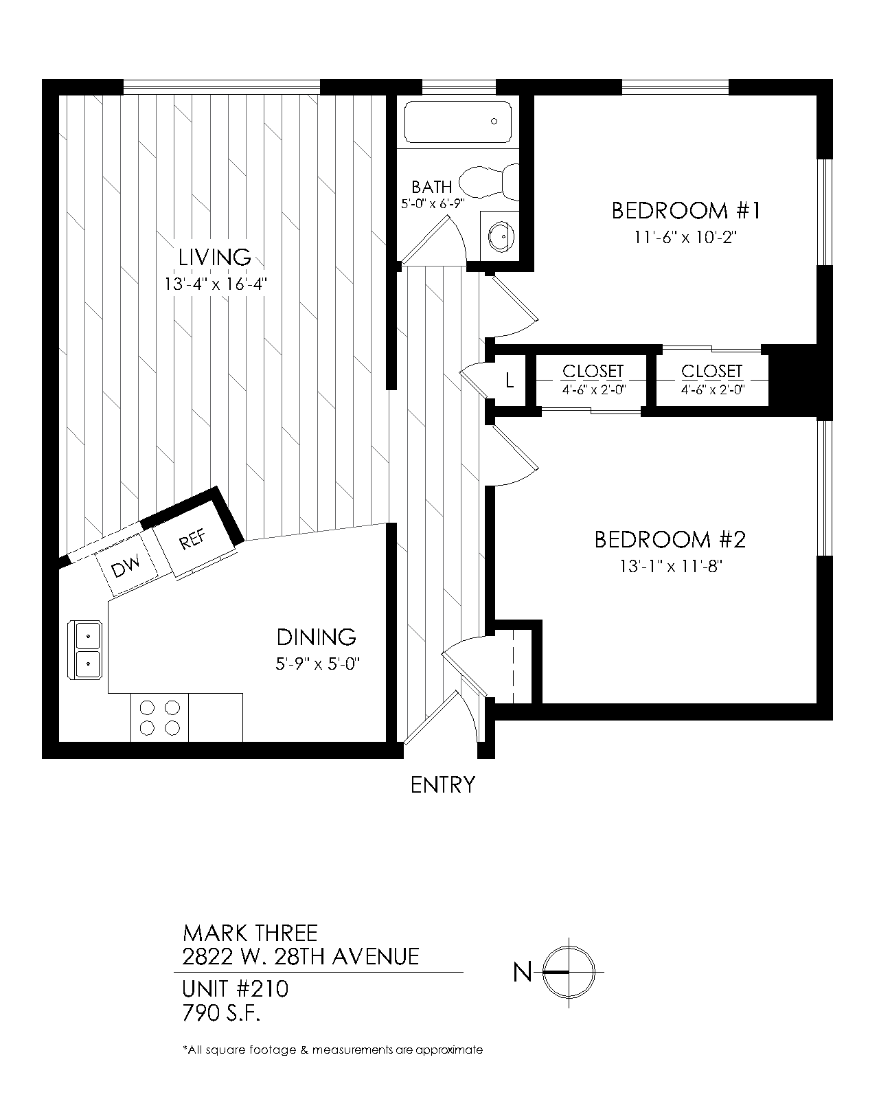 Floor plan for 2 beds, 1 bath, 840 sqft
